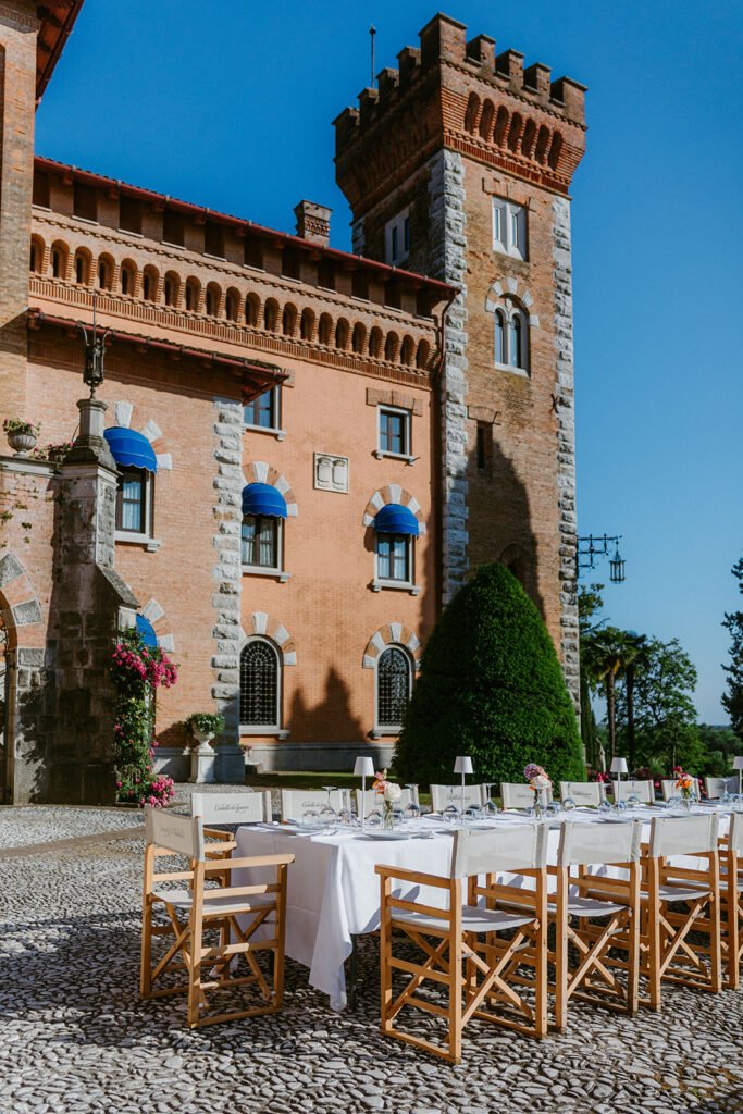 Wedding reception tables in front of Castello di Spessa