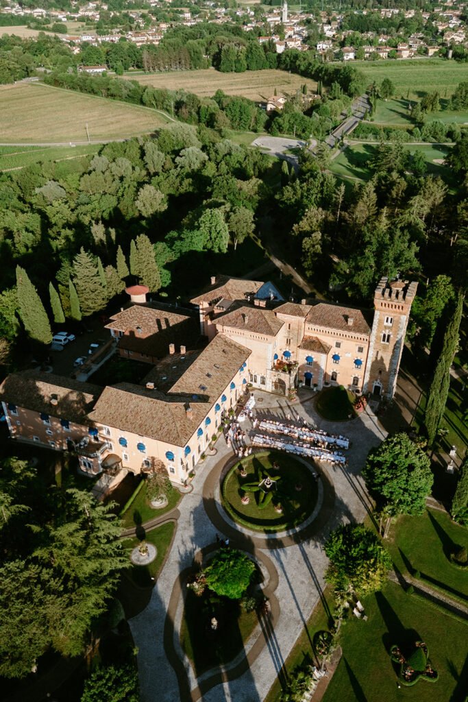 Aerial view of Castello di Spessa wedding venue in the Collio wine region, Friuli Venezia Giulia, Italy