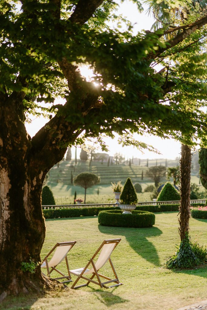 Landscaped gardens with deck chairs overlooking the Collio countryside