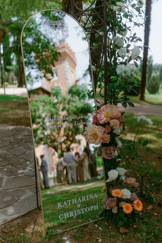 Floral wedding mirror welcome display with personalised lettering